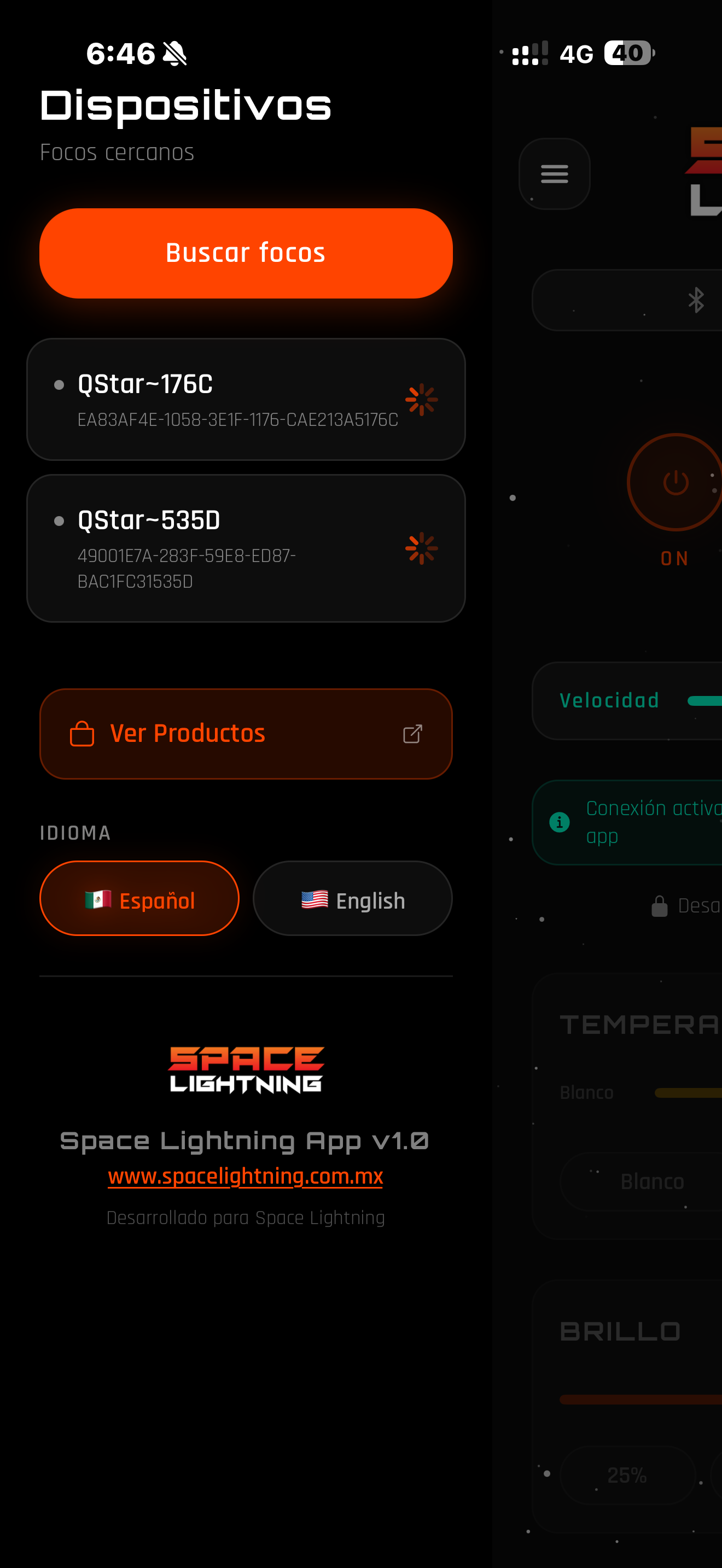 Space Lightning App — Dispositivos