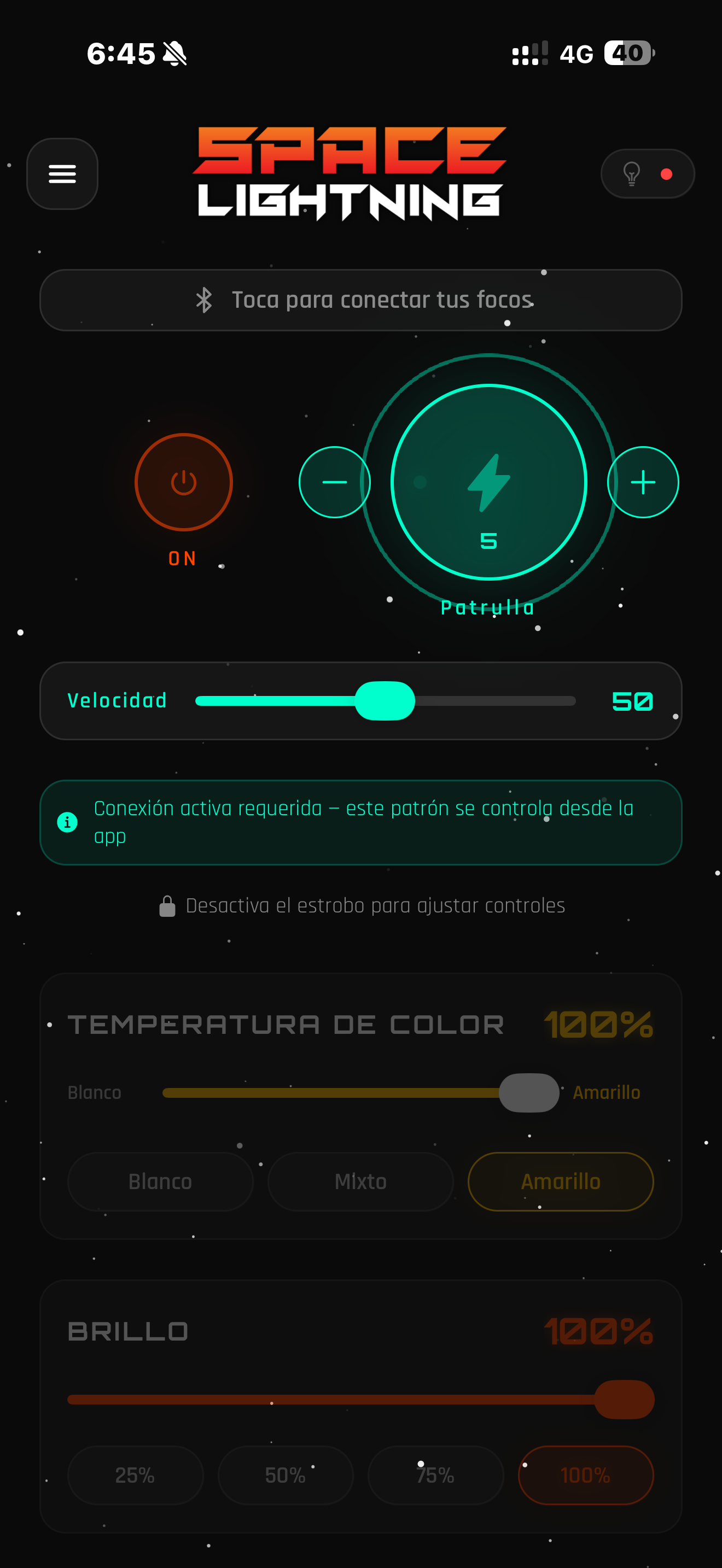Space Lightning App — Control de modos